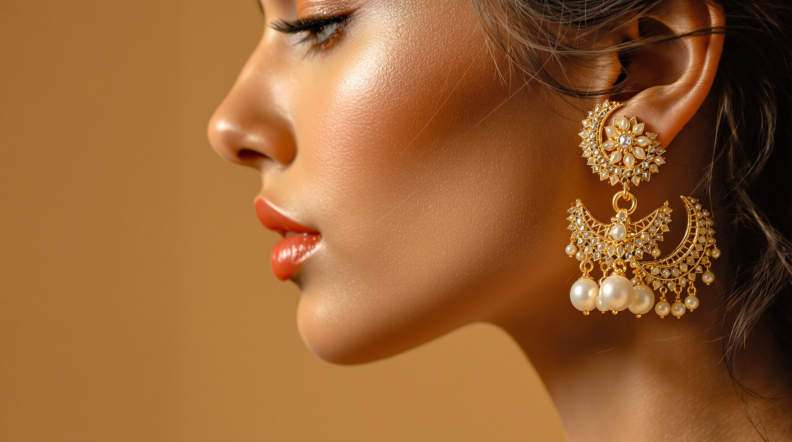Kundan Chandbali Earrings - gold kundan crescent earrings with pearl drops