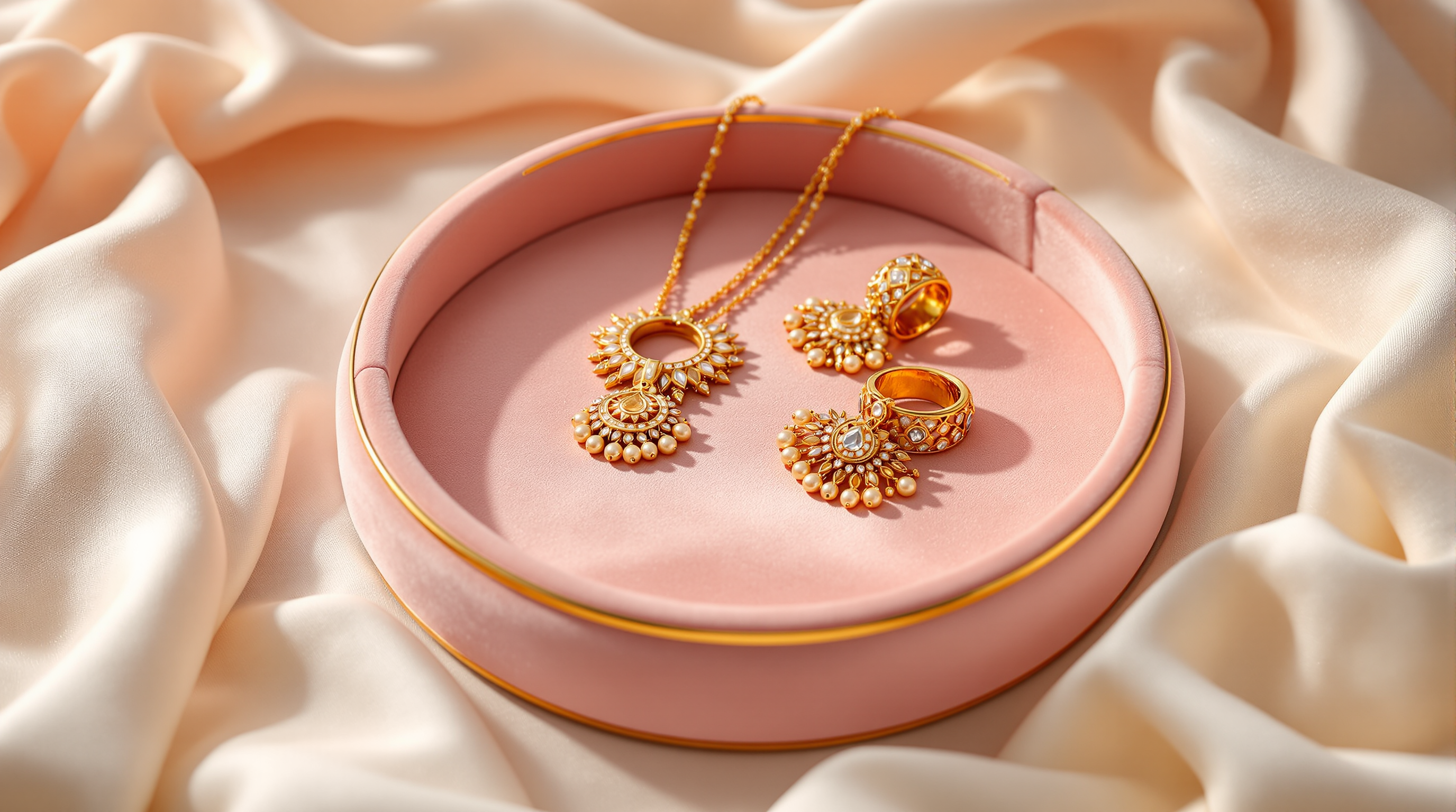 Blush Velvet Jewellery Tray - round velvet tray with gold trim