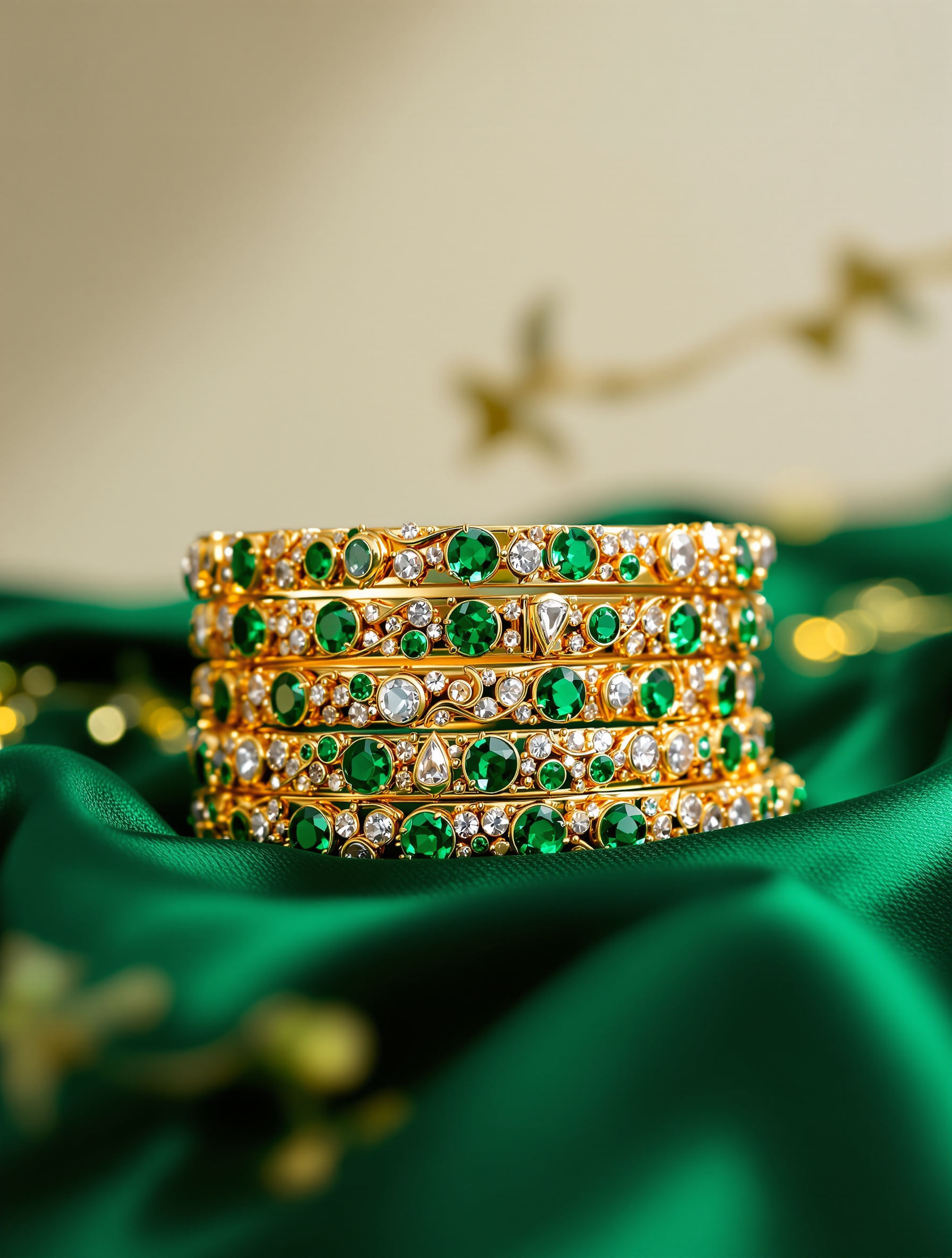 Emerald Kundan Bangle Set - stacked gold kundan bangles with emerald stone detailing