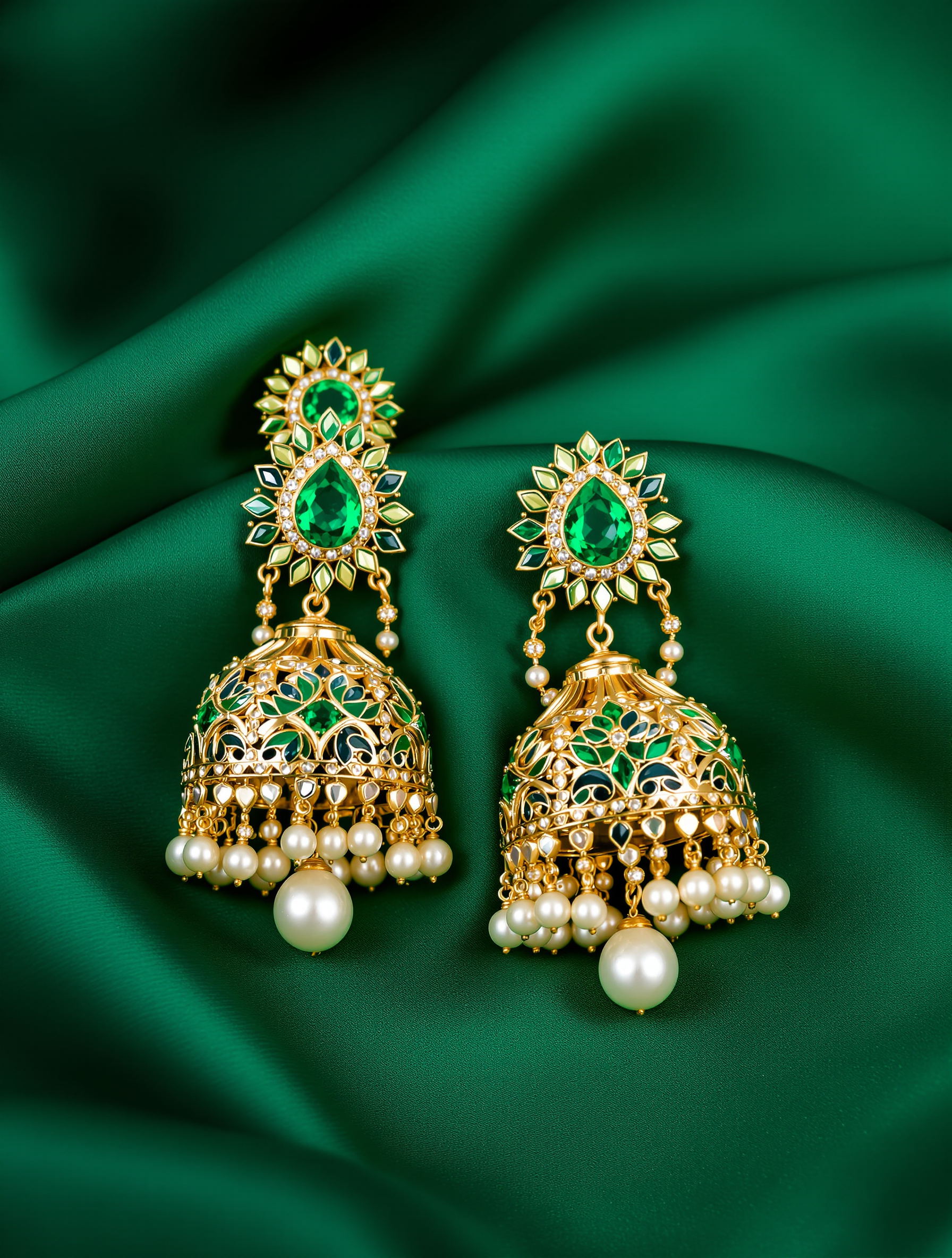 Emerald Polki Jhumar Earrings - gold jhumar earrings with emerald green polki stones