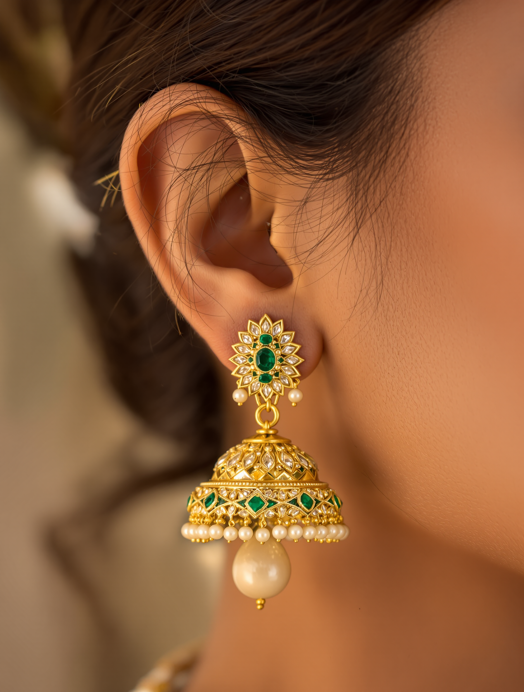Emerald Polki Jhumar Earrings worn