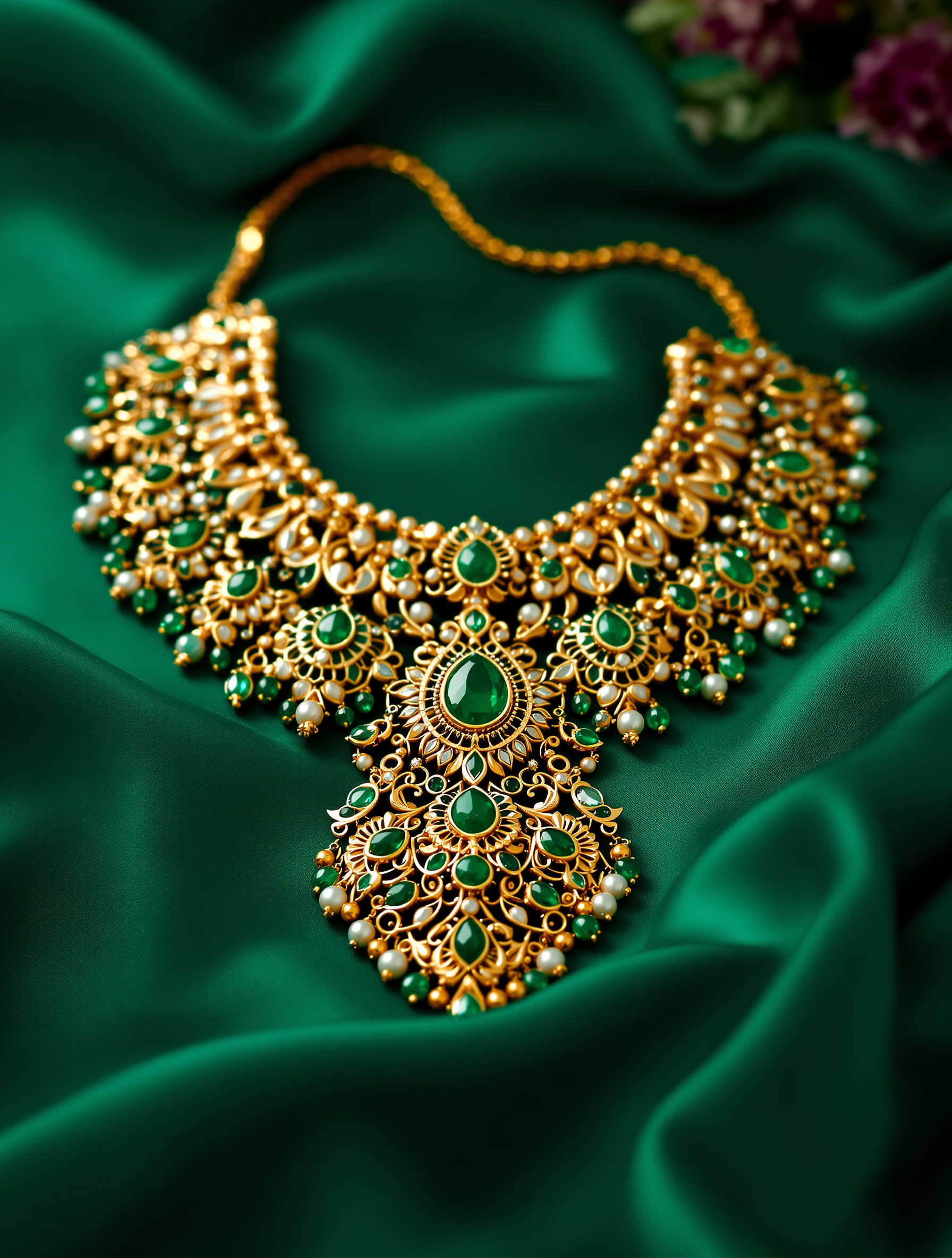 Emerald Polki Haar - gold statement necklace with emerald green polki stones