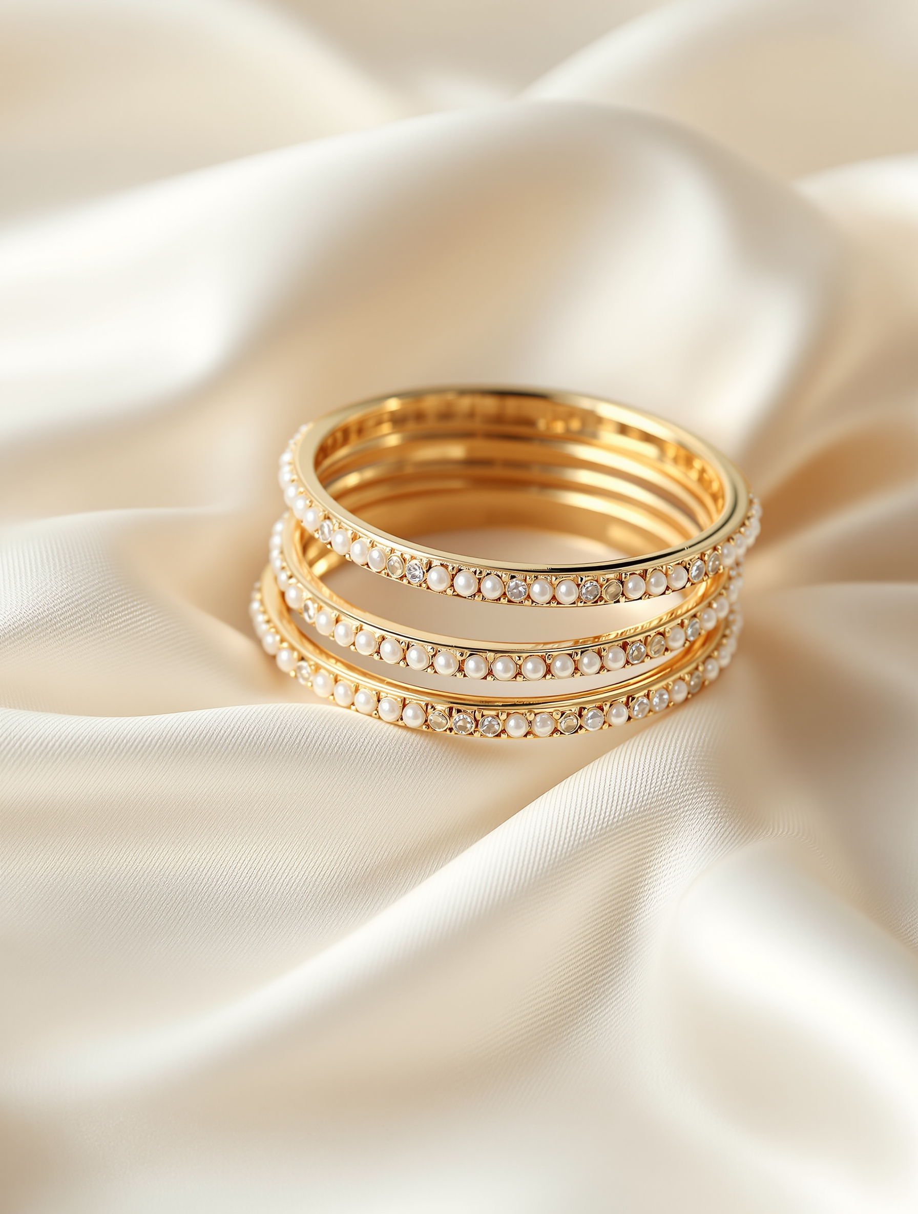 Ivory Pearl Bangle Set - stacked gold kundan bangles with ivory pearl detailing