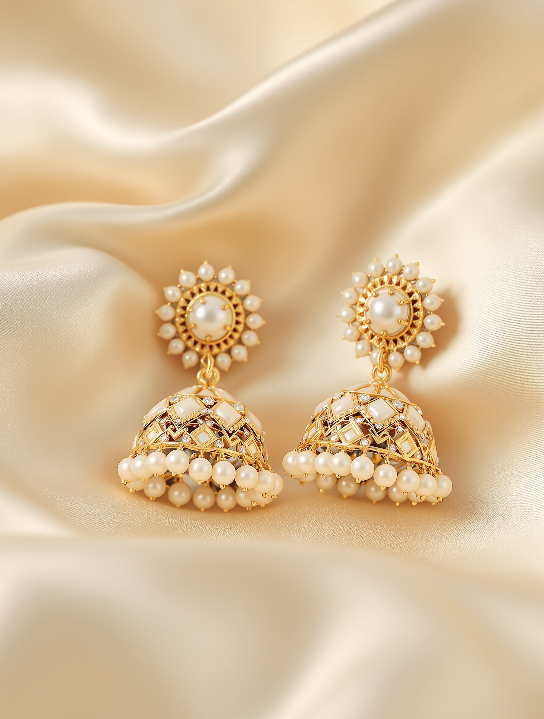 Ivory Pearl Jhumar Earrings - gold jhumar earrings with ivory pearls and kundan stones