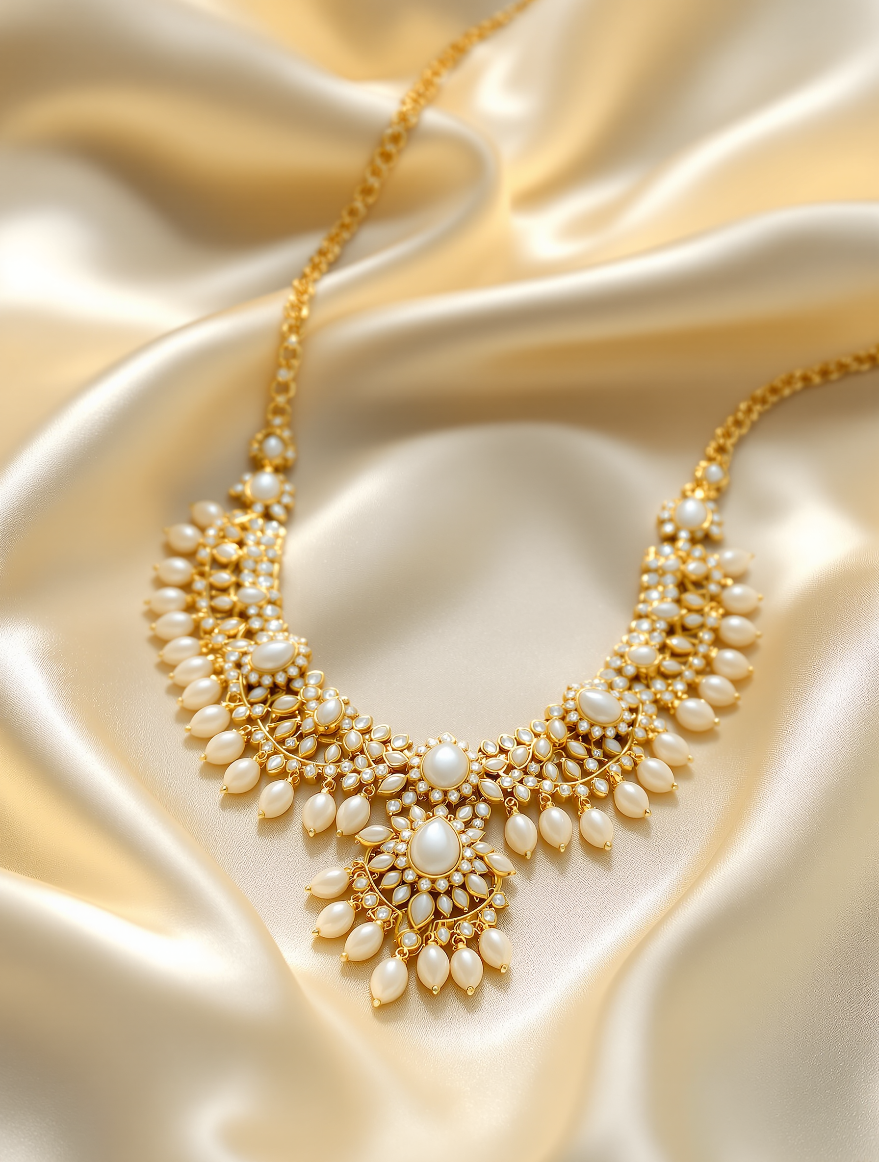 Ivory Pearl Haar - gold statement necklace with ivory pearls and white kundan stones